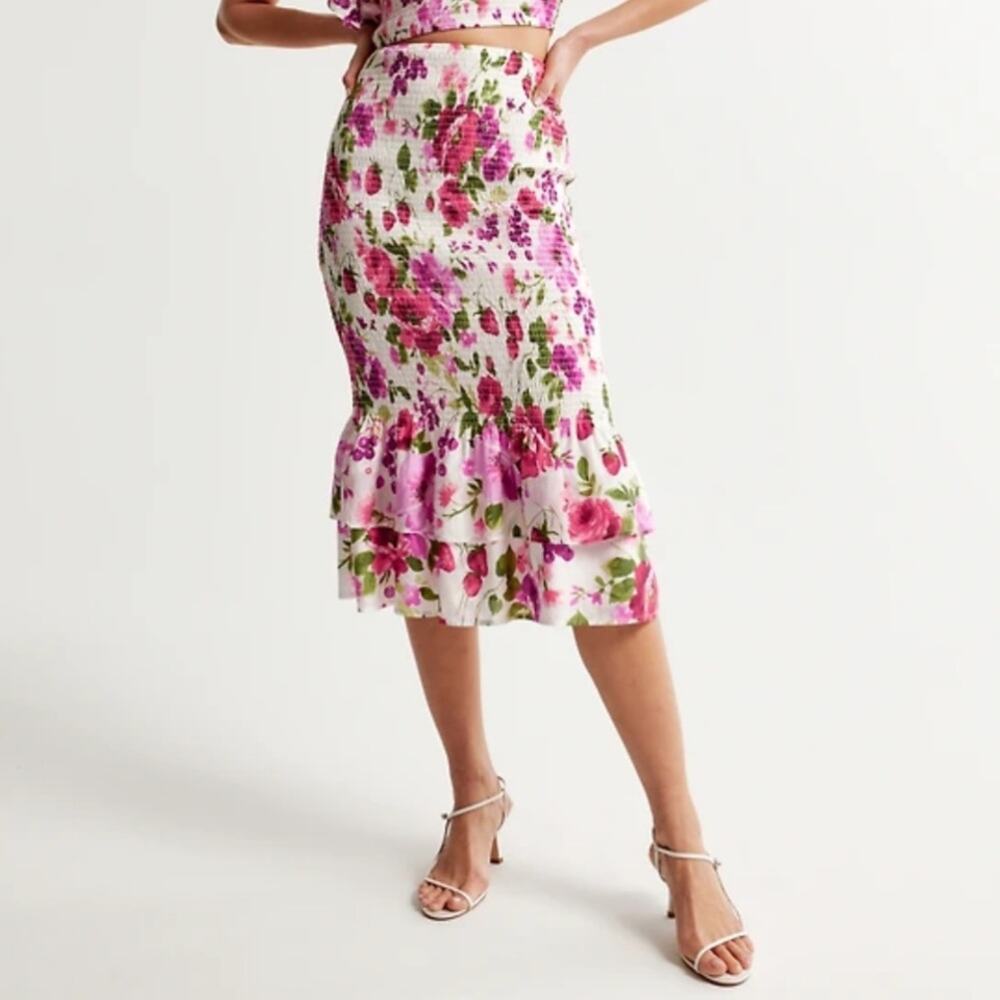 Abercrombie & Fitch smoked ruffle hem midi skirt floral sz XS